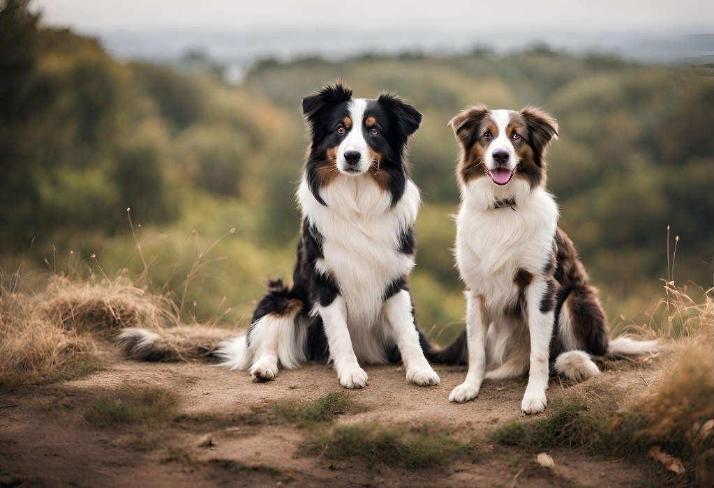 Two Australian Shepherd dogs sitting on a hill.