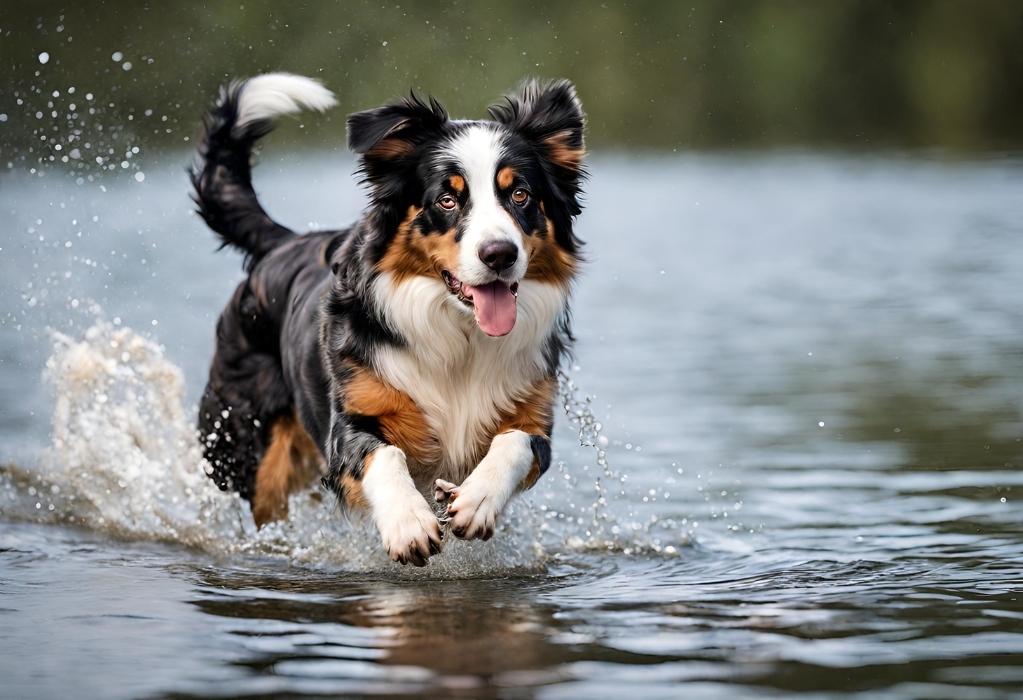 A black and white Australian Shepherd dog running in the water.