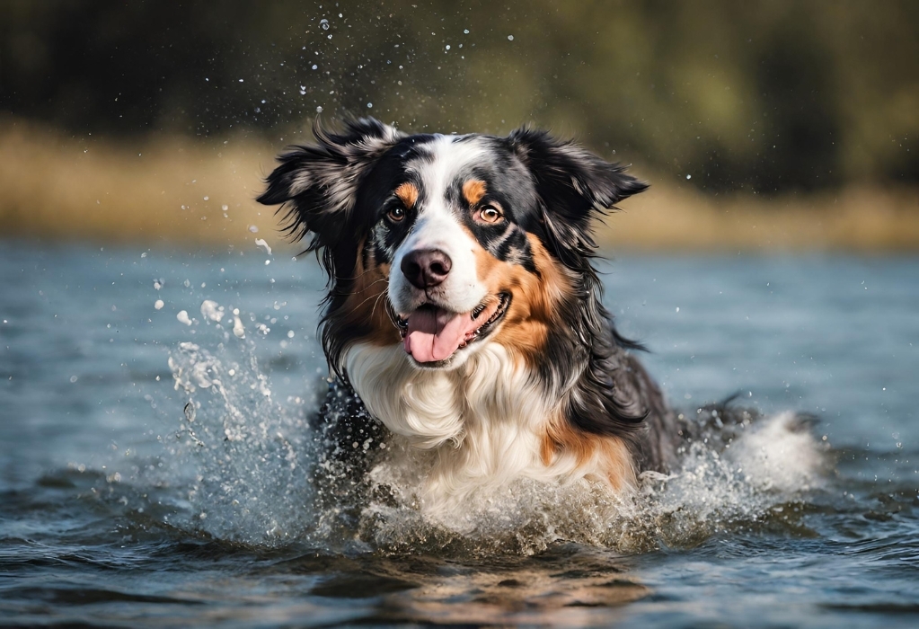 An Australian Shepherd dog running in water.