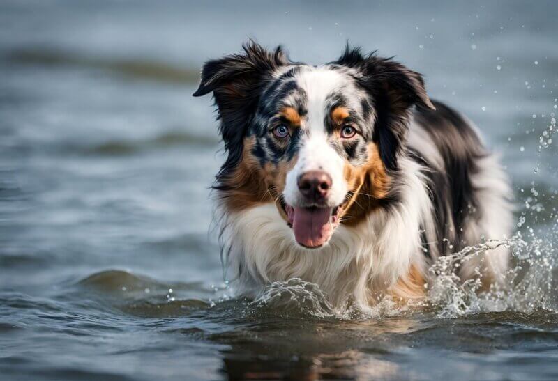 An Australian Shepherd running in the water with its tongue out.